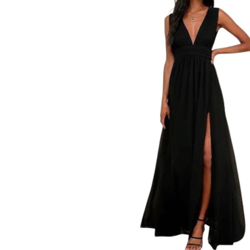 New! Lulus Wm's Heavenly Hues Black Maxi Dress V-Neck Chiffon Size L #1